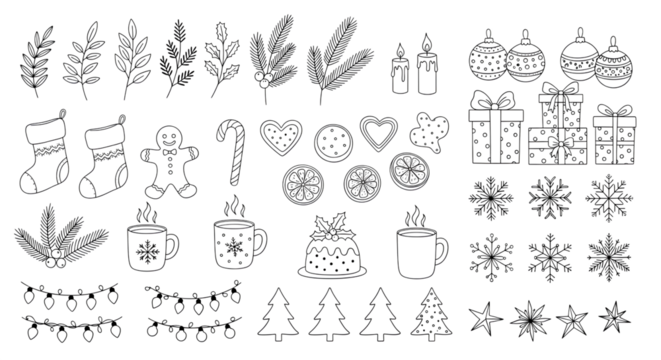 Collection of handdrawn christmas elements, including snowflakes, pine branches, stockings, gingerbread man, candy cane, ornaments, gifts, and string lights
