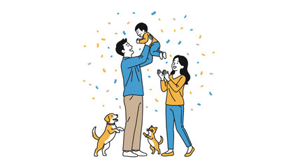 Family Portrait: A joyous family, including parents and a child, celebrates a special moment, with playful dogs adding to the scene. Capturing love, connection and joy