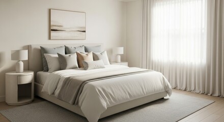 Fototapeta premium Modern bedroom interior featuring a large bed with decorative pillows, stylish lamps, and soft curtains, creating a serene and inviting atmosphere for relaxation and comfort