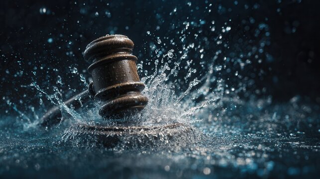Dynamic shot of a gavel striking water, representing justice, impact, and decision-making with dramatic energy, cinematic splash effect, dramatic lighting, high detail, modern conceptual photography 