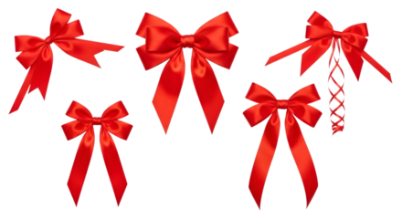 Collection of five red satin ribbon bows
