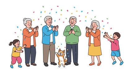 Family Fun and Celebration: An illustration captures the joyous moment of a family gathering, filled with confetti, laughter, and a playful canine companion. It reflects happiness and togetherness.
