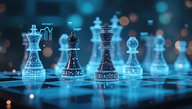 Digital chessboard with glowing wireframe chess pieces, representing corporations. Performance graphs float above each piece, indicating financial data. Strategic corporate battle on futuristic board.