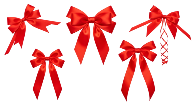Collection of five red satin ribbon bows