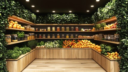 Indoor market shelves lined with produce, surrounded by greenery
