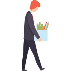 Fired Sad Businessman Walks Away Carrying a Box of Belongings with Red Hair and Blue Suit on a White Background