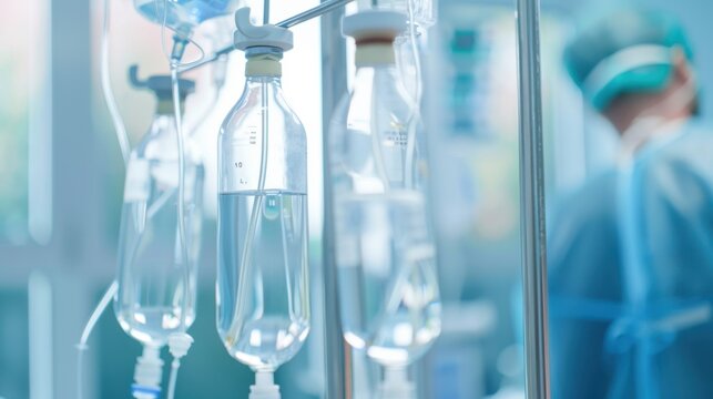 Intravenous drip bags hang in a hospital setting. A blurred figure in surgical attire is visible in the background. The scene conveys a medical environment.