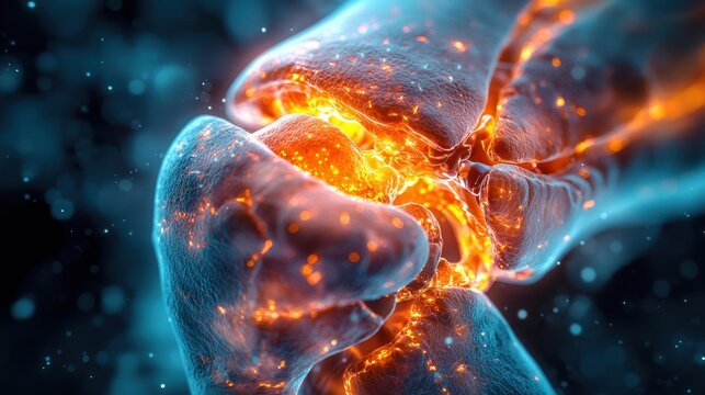 Interconnected cellular structure with luminous points & blue haze background