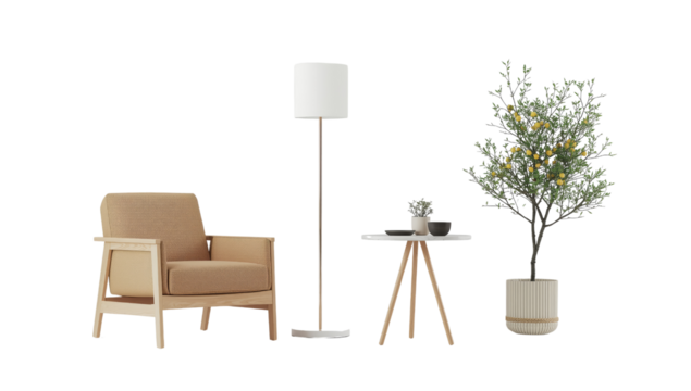 Elegant living room setup with neutral tones, isolated against transparent backdrop