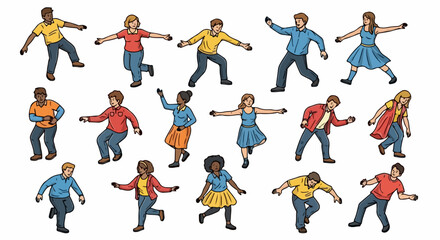 People dancing in various poses, joyful movement