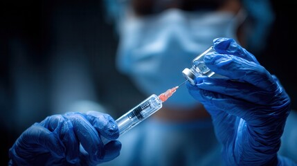 Medical professional in blue gloves administering an injection under clinical lighting, realistic textures, focused perspective, sterile and professional atmosphere, modern healthcare photography
