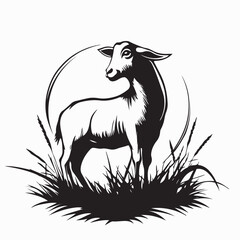 Silhouette of Goat in Grass Field Vector Illustration on white background