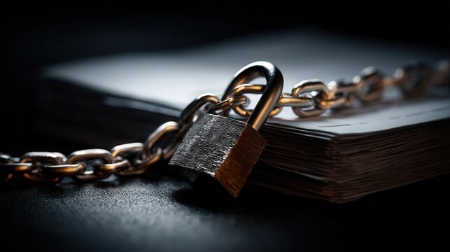 Metallic padlock and chain securing a stack of documents, symbolizing data protection and confidentiality, dramatic lighting, high contrast, realistic textures, cinematic composition.