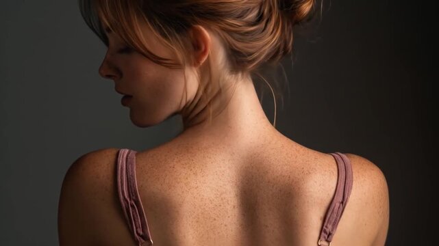 Portrait of a woman with freckles, looking down, on a dark background