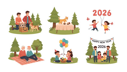 Family Celebration Set: A heartwarming compilation of family moments, capturing diverse celebrations, picnic gatherings, and festive joy under the open sky.