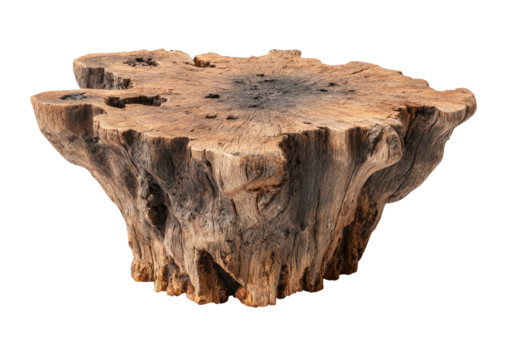 Rough-hewn tree stump table with knots and cracks