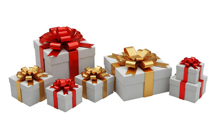 A collection of assorted gift boxes with red and gold ribbons