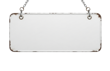 A blank, weathered, white rectangular sign hanging from chains, isolated on a transparent background, ready for custom text or graphics