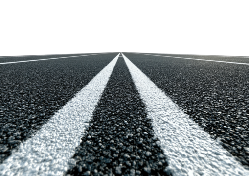 Asphalt road ahead, with stark white lines vanishing