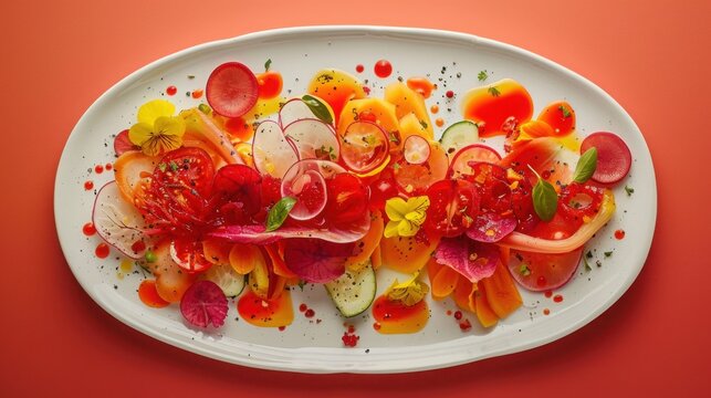 Colorful vegetable salad with edible flowers served on a white oval platter
