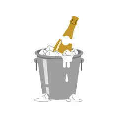 Champagne bottle in ice bucket with melting ice cubes and water drops illustration isolated on white background, Vector © azad
