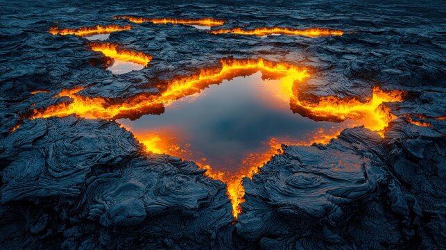 Molten lava flows through dark rock formations, creating a fiery landscape - Powered by Adobe