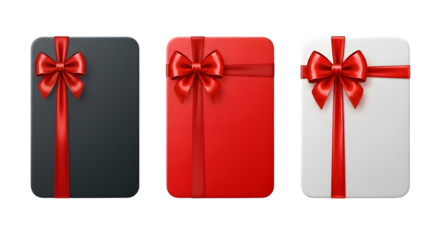Three gift boxes with red ribbon and bow, black, red, and white colors