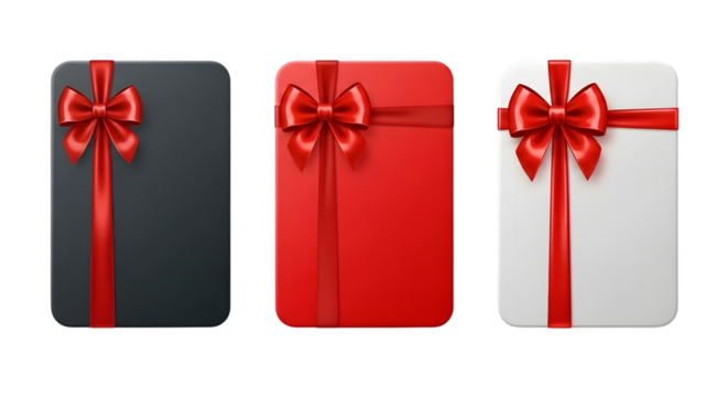Three gift boxes with red ribbon and bow, black, red, and white colors