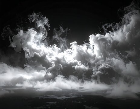 Dramatic monochrome studio shot, light illuminating swirling ethereal vapor, creating abstract shapes against a dark backdrop