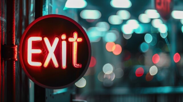 A glowing red exit sign illuminated against a blurred background of colorful lights. The scene conveys a sense of direction and safety in urban settings.