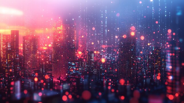 Glowing city skyline with digital particles raining down in red and blue light - Powered by Adobe