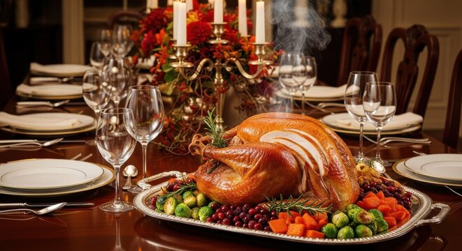 Roasted turkey centerpiece on an elegant dining table, surrounded by seasonal vegetables and fruits, with candles illuminating the festive atmosphere for a holiday gathering