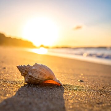 Close-up of shell on beach with sunlight, ocean in background
