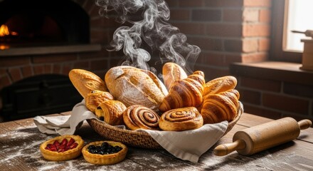 Freshly baked assortment of bread and pastries in a woven basket, with steam rising, set on a rustic wooden table in a cozy kitchen atmosphere