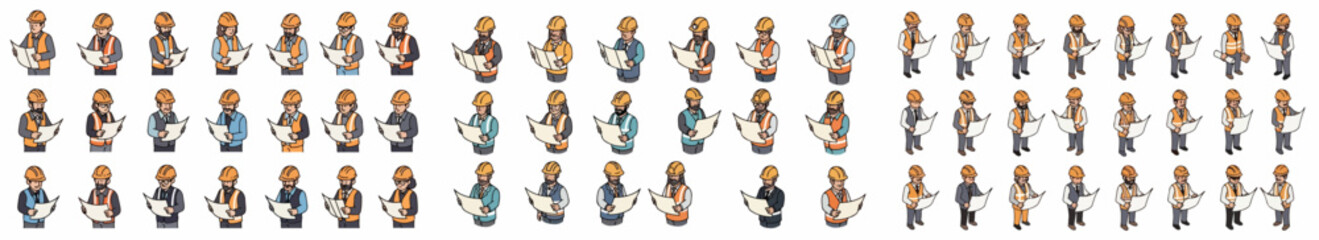 Construction workers with hard hats and blueprints