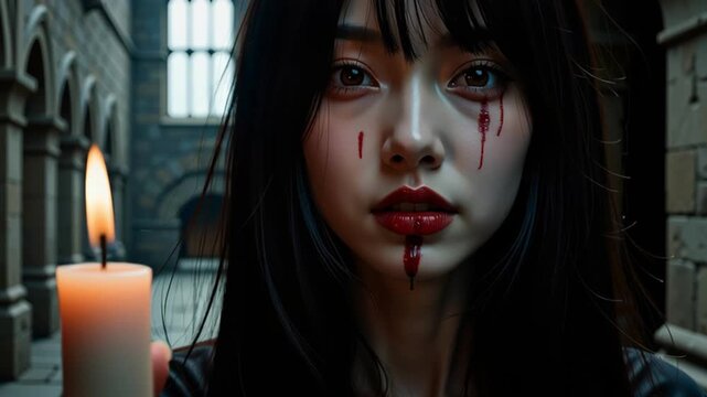 Gothic Woman Holding Candle with Blood Tears, Dark Mysterious Emotional Dramatic Night, Pale Skin Long Black Hair, Stone Archway Medieval Architecture