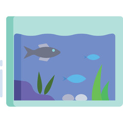 Flat Design Aquarium with Blue and Grey Fish Swimming in Clear Water with Green Plants and Pebbles on a Transparent Background