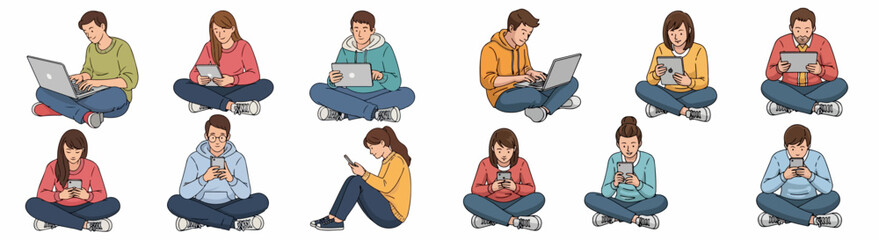 People using devices while sitting cross-legged