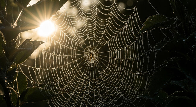 Spiderweb covered in dew drops glistens in the morning sunlight, nature scene