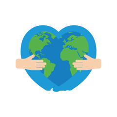 Planet earth hugged inside a heart shape with human hands, symbolizing love and care isolated on white background, Vector
