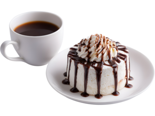 Decadent chocolate cake topped with whipped cream and syrup isolated on transparent background, perfect for dessert designs