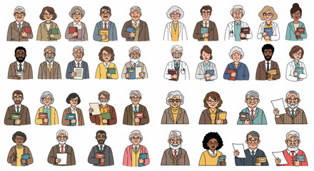 Group of diverse elderly people with books and documents