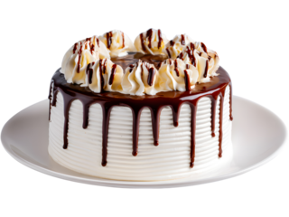 Decadent chocolate cake topped with whipped cream and syrup isolated on transparent background, perfect for dessert designs