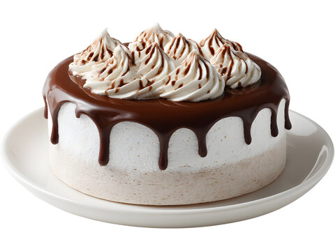Decadent chocolate cake topped with whipped cream and syrup isolated on transparent background, perfect for dessert designs