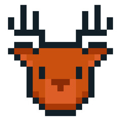 Pixel art deer head with antlers, minimal 8 bit design for winter, Christmas and holiday projects. Retro game style animal face perfect for icons, stickers and festive decorations.