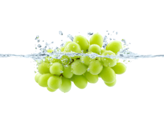 Juicy grapes falling in water splash isolated on transparent background, representing natural purity and health.