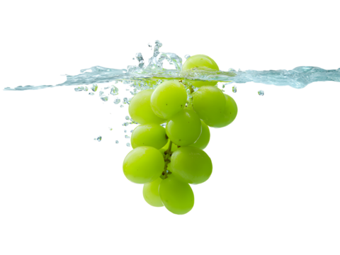 Juicy grapes falling in water splash isolated on transparent background, representing natural purity and health.