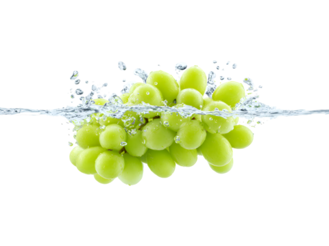 Juicy grapes falling in water splash isolated on transparent background, representing natural purity and health.