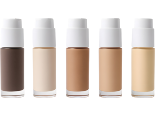 Collection of liquid foundation cosmetic bottles isolated on transparent background, symbolizing modern beauty and diversity..