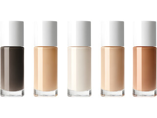 Obraz premium Collection of liquid foundation cosmetic bottles isolated on transparent background, symbolizing modern beauty and diversity..